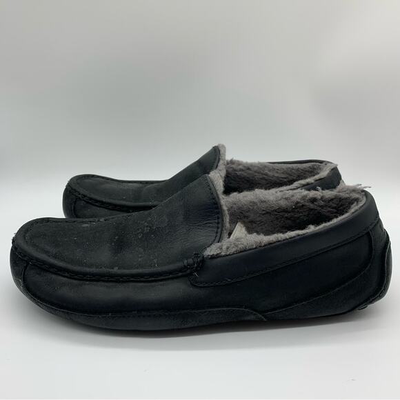UGG Ascot Leather Shearling Lined Slippers In Black Marble Size 11 Lounge Comfy - Picture 7 of 13